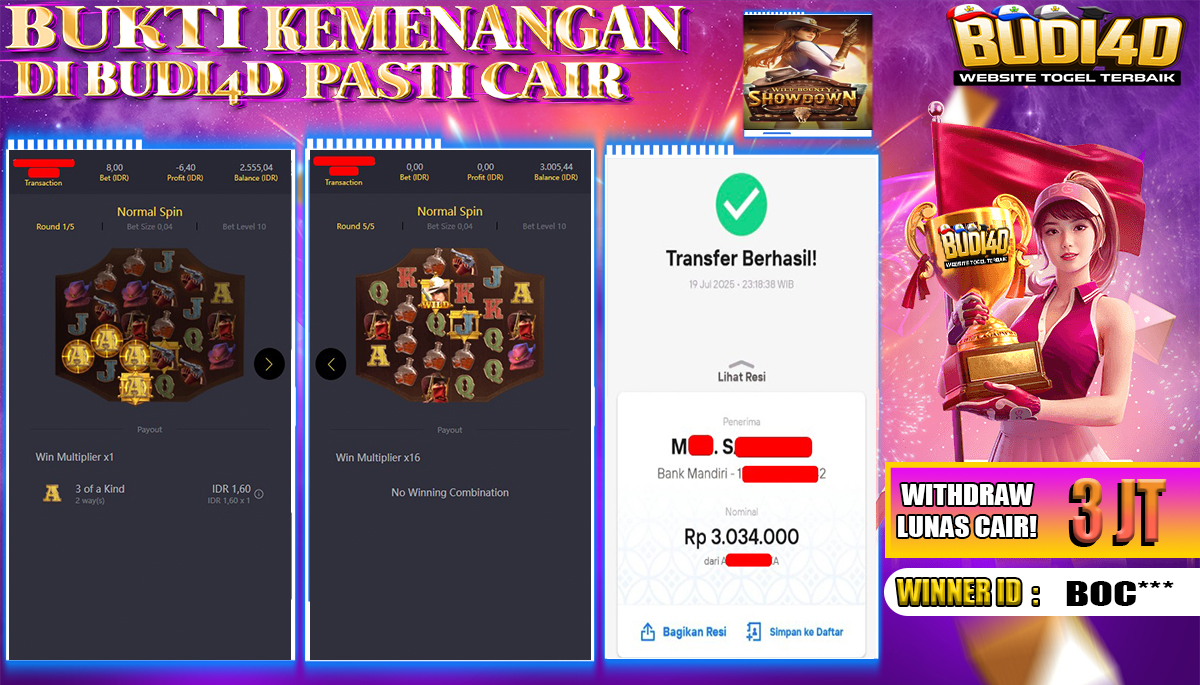 BUDI4D JACKPOT USERID:  BOC**** SLOT PGSOFT WILD BOUNTY SHOWDOWN Rp.3.034.000,- LUNAS